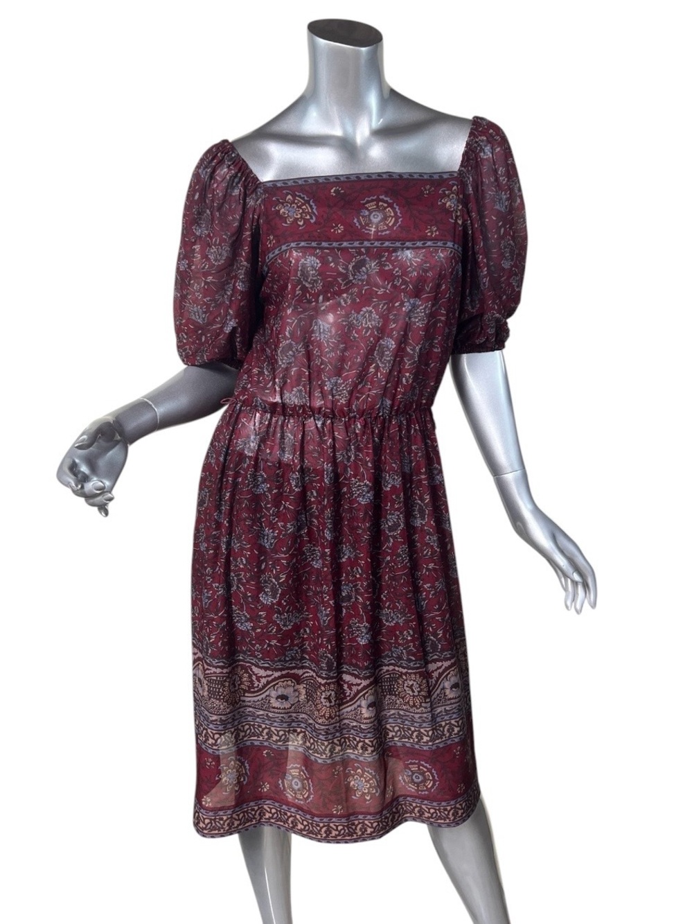 Lady Carol Vintage Burgundy Red Floral Square Neck Puff Sleeve Midi Dress